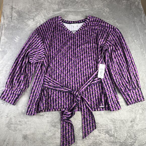 Liz Claiborne Shirt Womens 3X Bright Violet Geo V-Neck Tie Front Long Sleeve - Picture 8 of 16